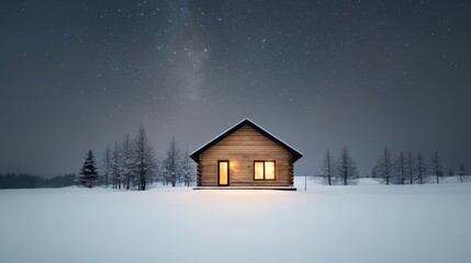 Small cabin is lit up by the moon and stars. The cabin is surrounded by trees and snow