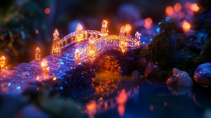 Naklejka premium Illuminated Stone Bridge Reflecting in Water at Night