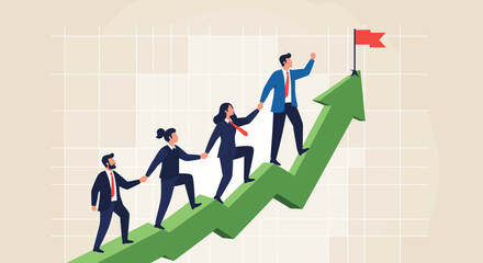 Fototapeta premium Teamwork cooperate together to achieve target, leadership to build team walking up rising growth arrow, career development concept, businessman leader holding hand with employee walking up arrow graph