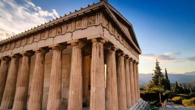 Ancient Doric temple ruins with stone columns at sunset and blue sky background