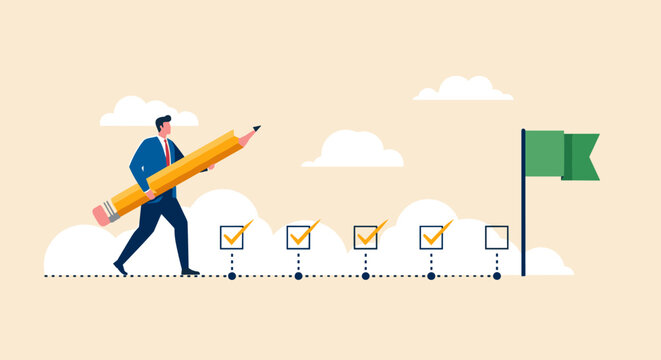 Project tracking, goal tracker, task completion or checklist to remind project progress concept, businessman project manager holding big pencil to check completed tasks in project management timeline.