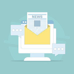 Email newsletter concept, Email marketing, SEO on email marketing, digital news, subscription renewal. Online business strategy, newsletter marketing. Flat vector illustration on background.