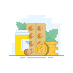 Medical health care budget cost concept, medical money financial budget cost. high health care, pill medicine package. health care pharmacy cost. flat design illustration on background.