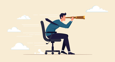 Career future, new job opportunity or visionary to success in work concept, businessman riding office chair using telescope to see future and the way forward. 