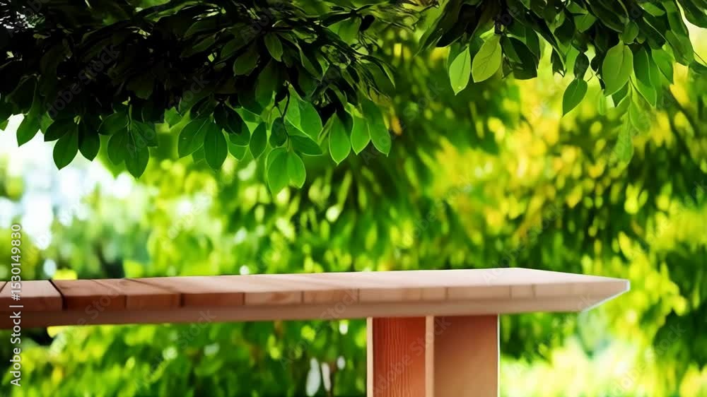 Poster empty wooden table with lush green leaves canopy overhead, creating an inviting natural background f