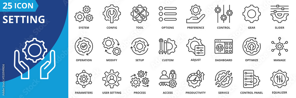 Poster setting icon set collection in outline style. an icon pack contain system , config, tool, options, p