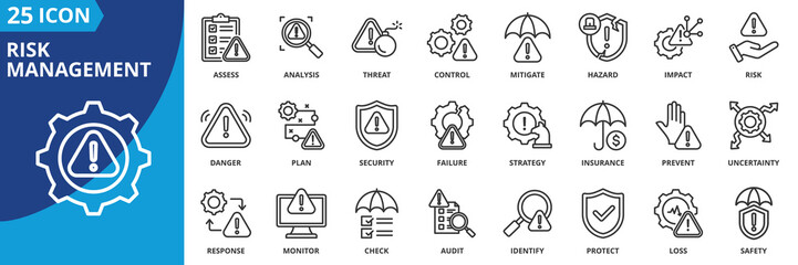 risk management icon set collection in outline style. an icon pack contain risk, threat, hazard, impact, control, mitigate, analysis, assess, plan, strategy