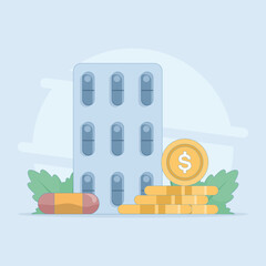 Medical health care budget cost concept, medical money financial budget cost. high health care, pill medicine package. health care pharmacy cost. flat design illustration on background.