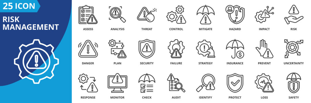 risk management icon set collection in outline style. an icon pack contain risk, threat, hazard, impact, control, mitigate, analysis, assess, plan, strategy