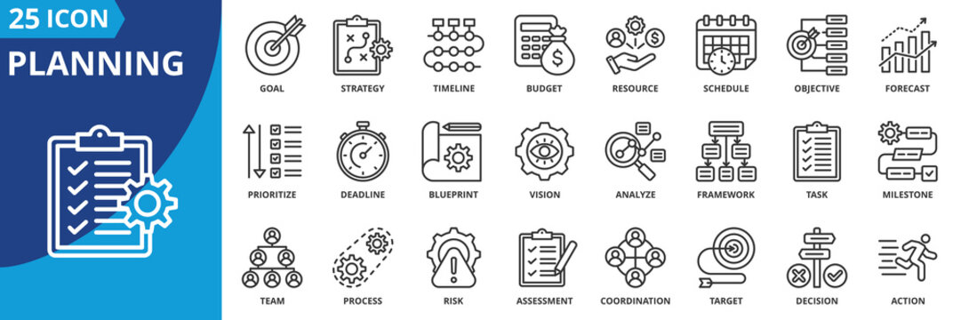 planning icon set collection in outline style. an icon pack contain goal, strategy, timeline, budget, resource, schedule, objective, forecast, prioritize, deadline