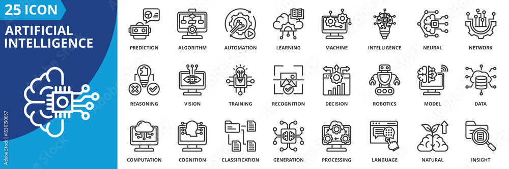 Poster artificial intelligence icon set collection in outline style. an icon pack contain machine, learning, algorithm, neural, network, automation, intelligence, prediction, recognition, decision