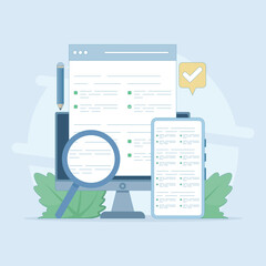 Testing concept. Reading test. Online exam, questionnaire form, Explore quiz checklist answers and success results. Online education, survey metaphor. Flat vector illustration on background.