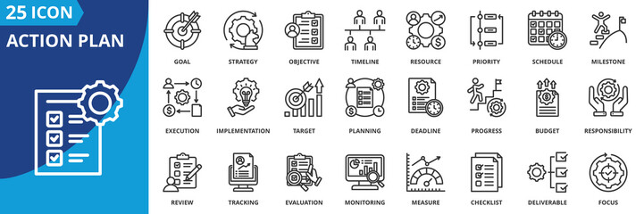 Plakat action plan icon set collection in outline style. an icon pack contain goal, strategy, objective, timeline, resource, priority, schedule, milestone, deadline, responsibility
