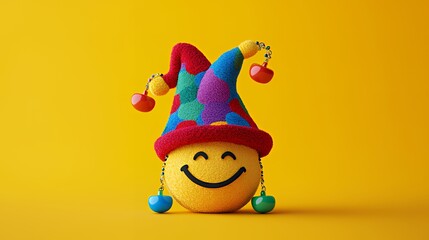 Obraz premium A cheerful jester emoji with a colorful hat, radiating joy and playfulness.