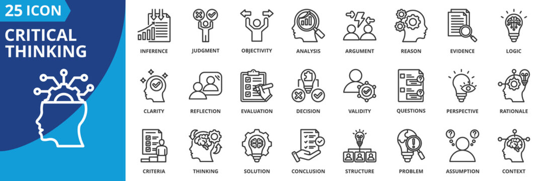 critical thinking icon set collection in outline style. an icon pack contain logic, reason, judgment, evidence, analysis, argument, assumption, inference, reflection, evaluation