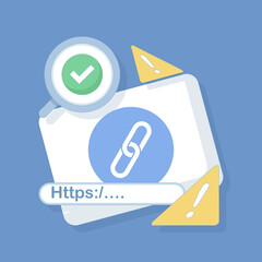concept of protection from malicious links. suspicious and malicious hyperlinks, safe browsing and warning notifications, security system in browsers. unsafe websites. flat design.