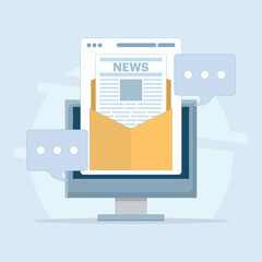 Email newsletter concept, Email marketing, SEO on email marketing, digital news, subscription renewal. Online business strategy, newsletter marketing. Flat vector illustration on background.