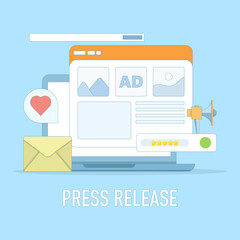 Concept of press release and digital news publishing. Online news and media, Marketing online press media to a wider audience. Online news publishing, Online advertising campaigns.