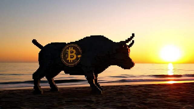 Large polygonal bull bitcoin statue on a beach at sunset, ocean waves and warm reflections all around. The concept of cryptocurrency dominance