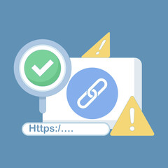 concept of protection from malicious links. suspicious and malicious hyperlinks, safe browsing and warning notifications, security system in browsers. unsafe websites. flat design.