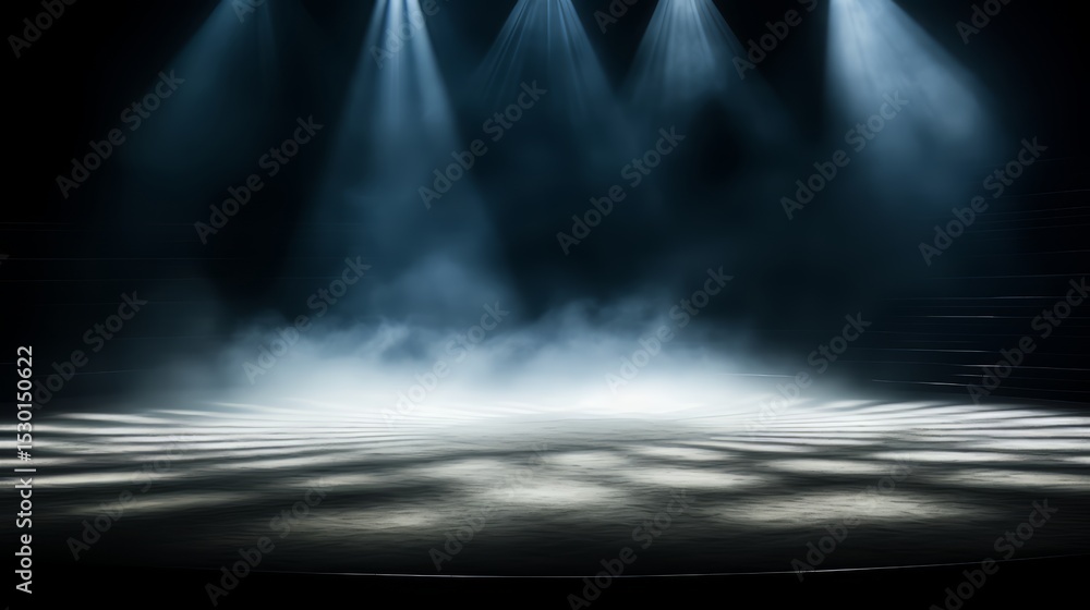 Poster Stage with a spotlight on it. The stage is empty and the lights are on. Scene is dramatic and intense