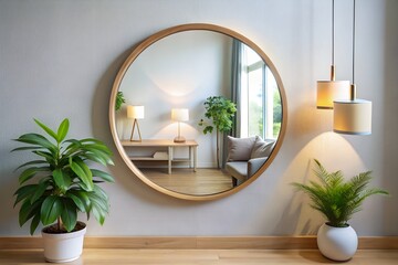 Round wooden mirror reflecting modern home interior with bright plants and lamps