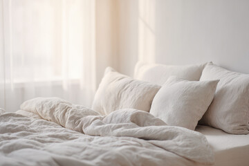 beautiful bed after sleep featuring crumpled sheets and soft light