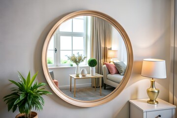 Modern living room reflected in round wooden mirror with warm light interior decor