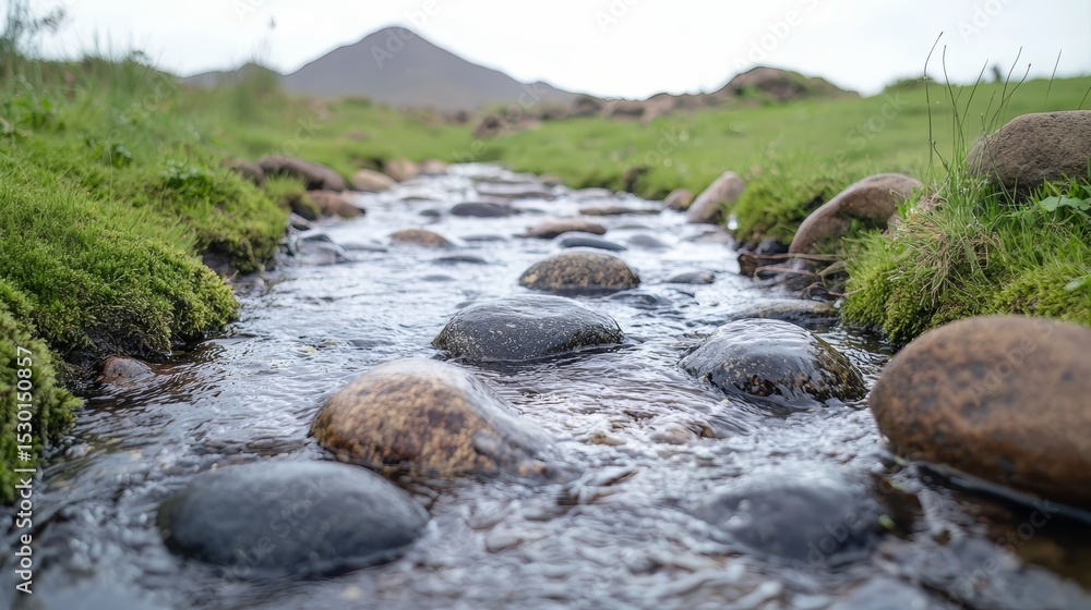 Poster stream with rocks in it. the rocks are scattered throughout the stream, and the water is clear. the 