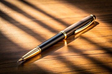 Elegant black and gold pen on wooden desk with warm sunlight and shadows