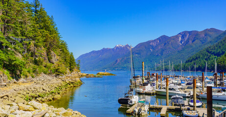 Marina in scenic setting at Horseshoe Bay, BC, Canada with spectacular mountain backdrop.