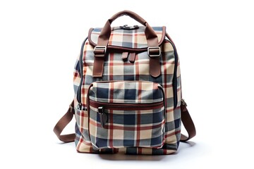 Plaid backpack with brown leather accents combining classic and modern style