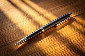 Black and gold pen on wooden surface with warm sunlight and elegant design