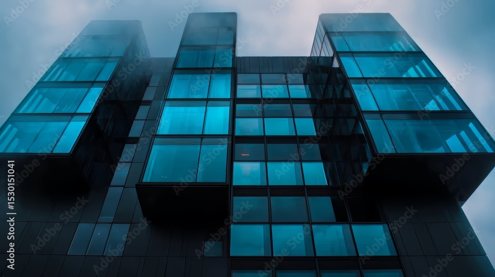 Poster tall building with many windows and a blue tint. the building is very tall and has a modern look