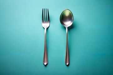 Silverware with spoon and fork on teal background in minimalist food flatlay