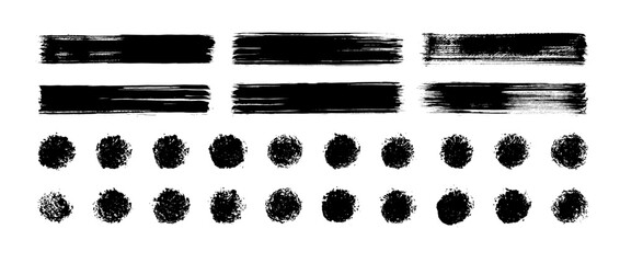Brush line set. Vector abstract black ink grungy straight lines, circles, borders and frames. Textured paint strokes. Vintage clean accurate round brushstrokes pattern.  Hand drawn stamps background