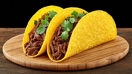 Two tacos filled with seasoned shredded beef, garnished with fresh cilantro.