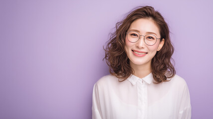 Fototapeta premium ラベンダー背景と笑顔の知的女性