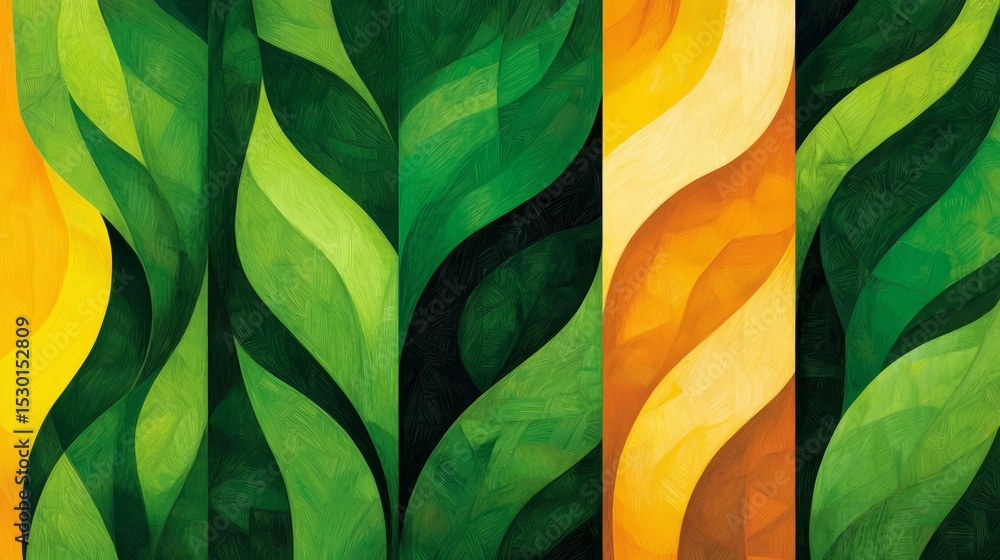Poster The painting is a series of green and yellow lines that create a sense of movement and energy. The colors are vibrant and the lines are curvy, giving the impression of a dynamic and lively scene