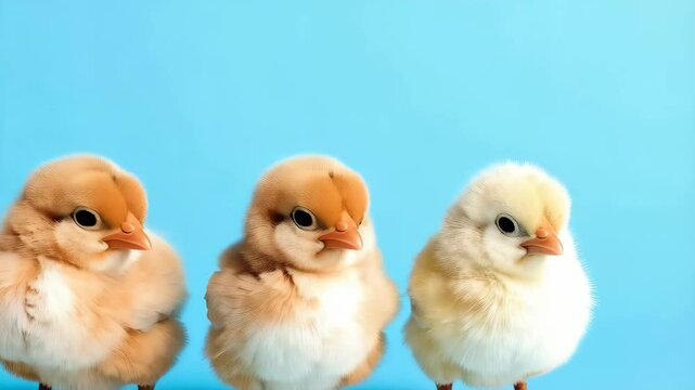 A row of fluffy baby chicks standing on a blue surface looking at the camera.