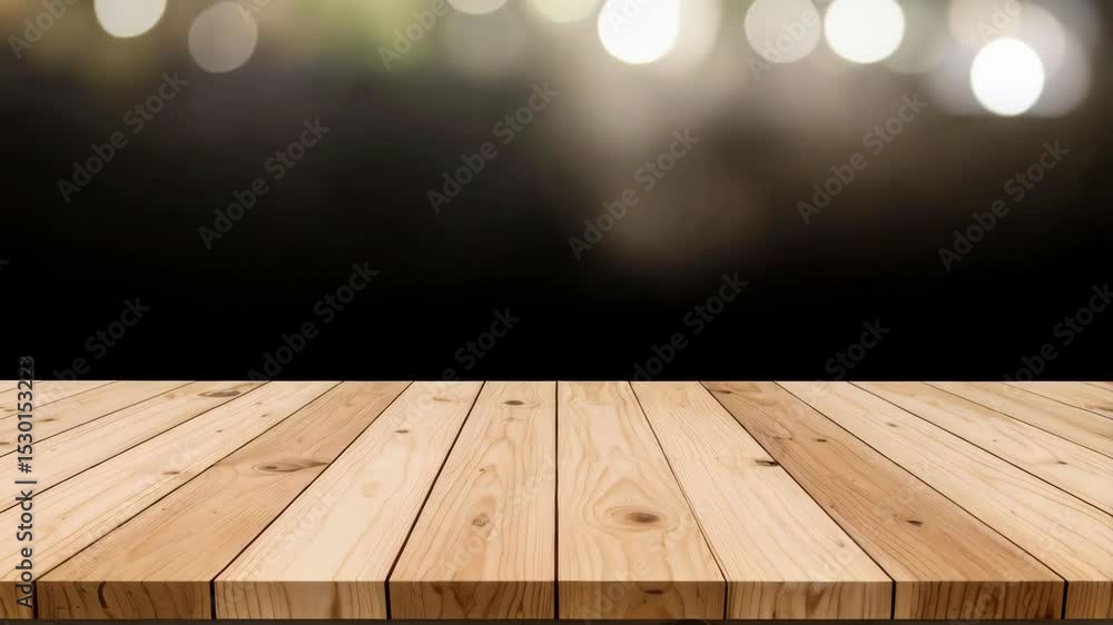 Poster empty rustic wooden table with blurry lights bokeh background for product placement, display or mock