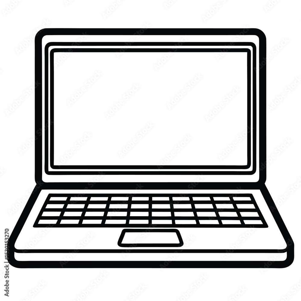 Poster simple black and white outline of a laptop computer with blank display screen.