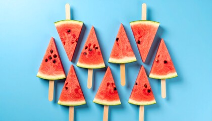 Watermelon slices popsicle with blue background.