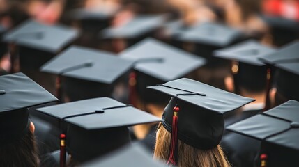 Graduation ceremony with many students wearing graduation caps.