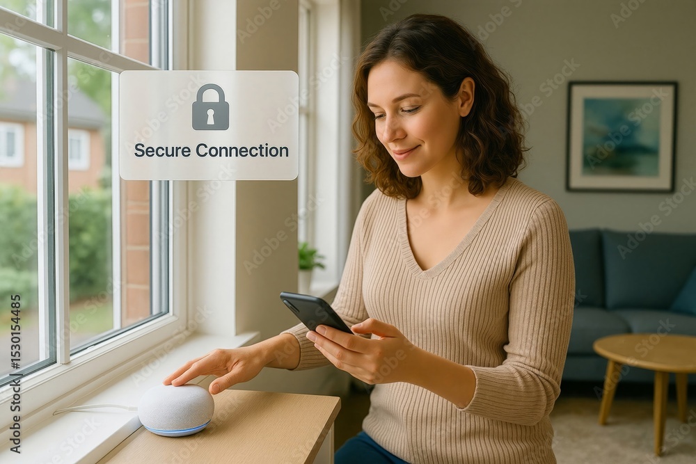 Poster a woman connects a smartphone to a smart speaker, ensuring secure communication and internet securit