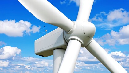 Wind turbine blades against blue sky.