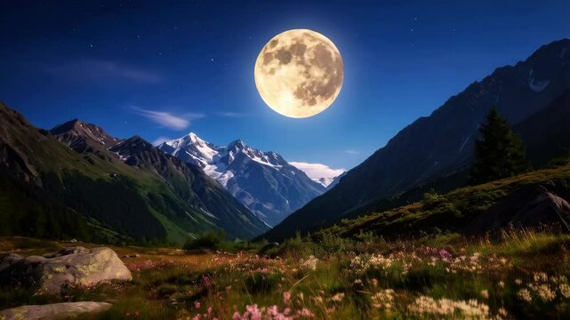 Full moon above alpine landscape with mountain range, meadows and flowering plants on a starry night