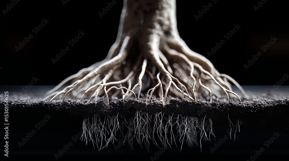 Poster Tree root is shown in a close up. The root is white and has a lot of hair on it. The image has a moody and mysterious feel to it