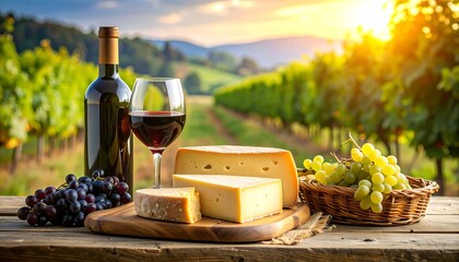 Wine with cheese, and grapes in vineyard.