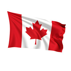Canadian flag with red maple leaf, fabric texture, floating design, no pole, isolated on white background, patriotic photography